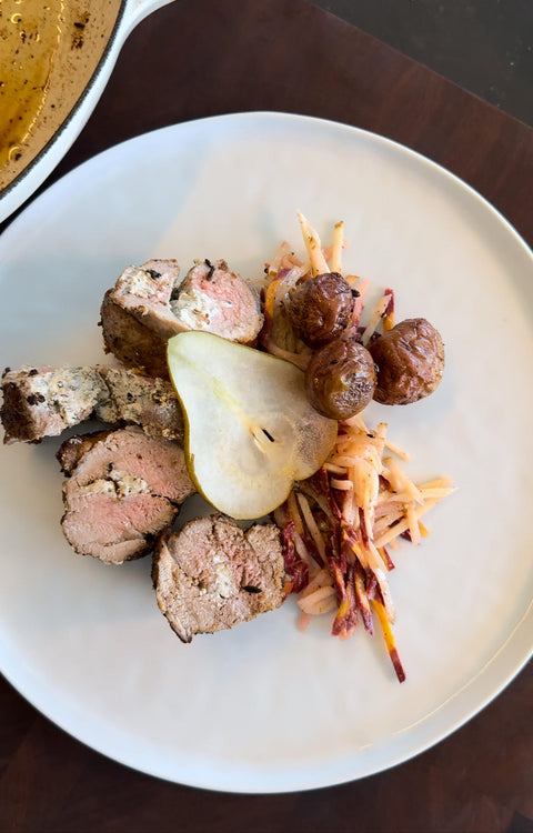 Savored Three Ways Pear Edition | Part 2: Goat Cheese Stuffed Pork Tenderloin with Pear Slaw
